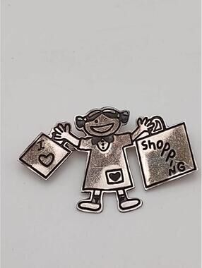 Vintage Sterling I Love Shopping Brooch Pin 925